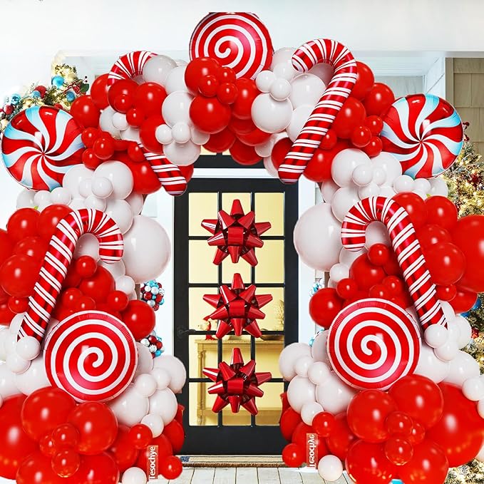142 Pcs Christmas Balloon Garland Arch Kit with Xmas Red and white Candy Cane foil Balloons, Red White Candy Balloons for Christmas Party Decorations Birthday Supplies