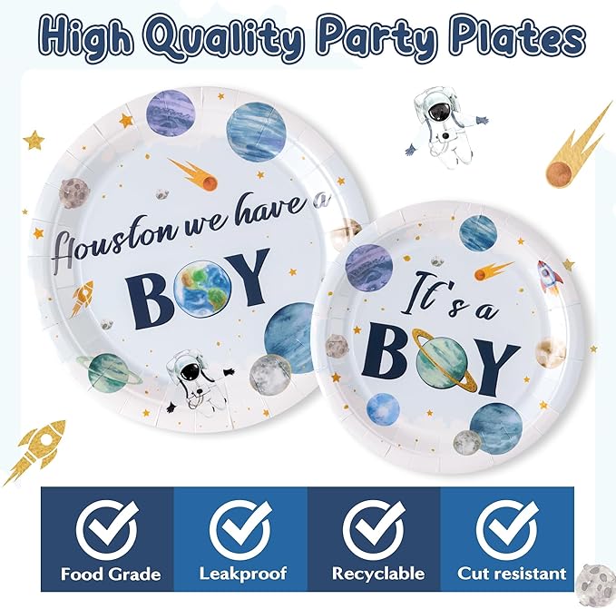 Houston We Have A Boy Outer Space It's a Boy Baby Shower Astronaut Planet Galaxy Plates Supplies - Serves 24-96Pcs Party Tableware Decoration Disposable Paper Plates Napkin Fork for Birthday