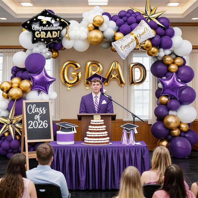 Purple Graduation Balloons Garland Arch Kit, 115 PCS Purple Gold White Graduation Star Print Certificate Grad Foil Balloons with Gold Explosion Star Balloon for Graduate Class of 2026 Prom Party Decor