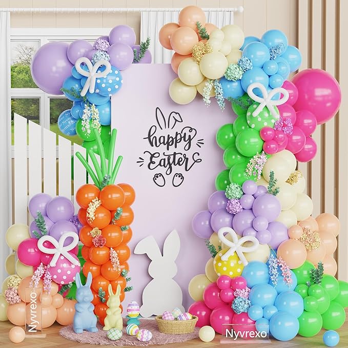 162PCS Happy Easter Balloon Arch Decoration Kit, Hot Pink Green Orange Bunny Head Carrot Balloons Garland, Hello Spring Easter Themed Birthday Party Decorations
