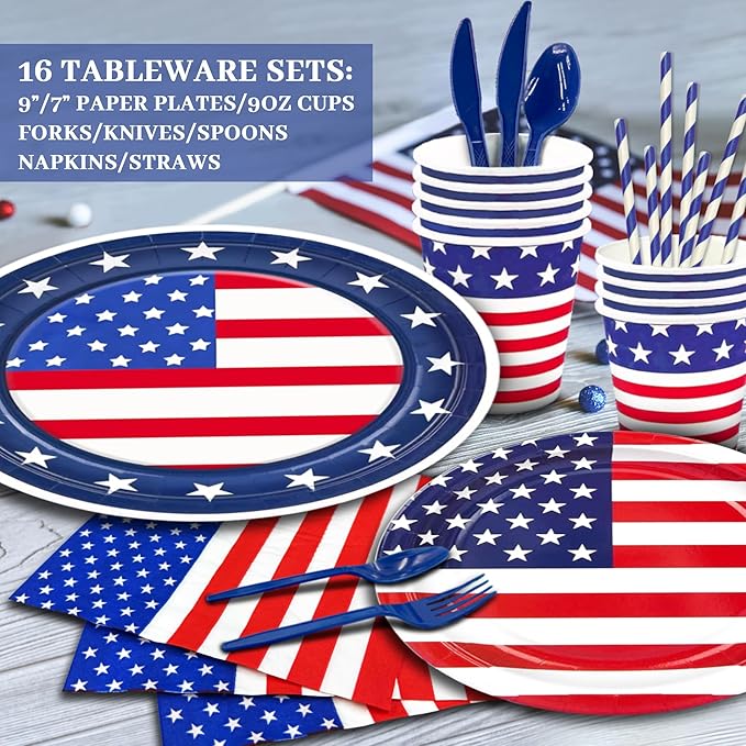 Party Spot! 272 pcs 4th of July Birthday Party decorations,16 Tableware Sets,“USA” Balloons, Paper Plates, Patriotic Party Decorations, Independence Day Party Decoration, Tablecloth, Flag