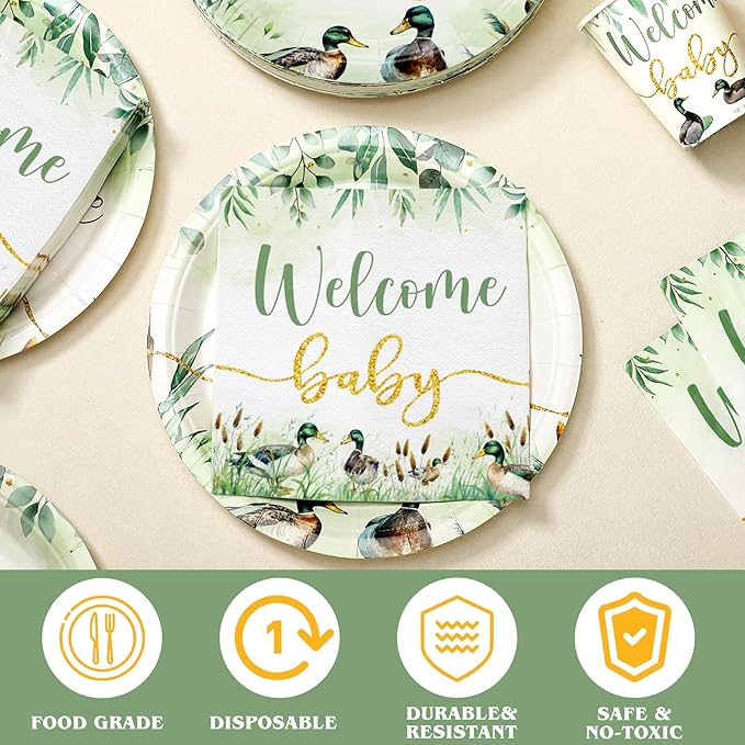 Hushee 200 Pcs Mallard Duck Baby Shower Paper Plates Napkins Cups Baby Shower Party Supplies Tableware Set Disposable Cup Napkin for 50 Guest Party Decoration
