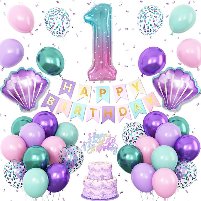 1st Mermaid Birthday Decorations for Girls,First Party Decorations Metallic Purple Green Pink Blue Latex Balloons Number 1 Seashell Foil Balloons Banner Cake Topper Sea Party Decor