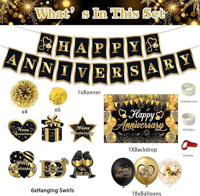 Happy Anniversary Decorations, Black and Gold Happy Anniversary Banner Wedding Party Decorations with 18Pcs Balloons, Backdrop, Hanging Swirls, Pompoms
