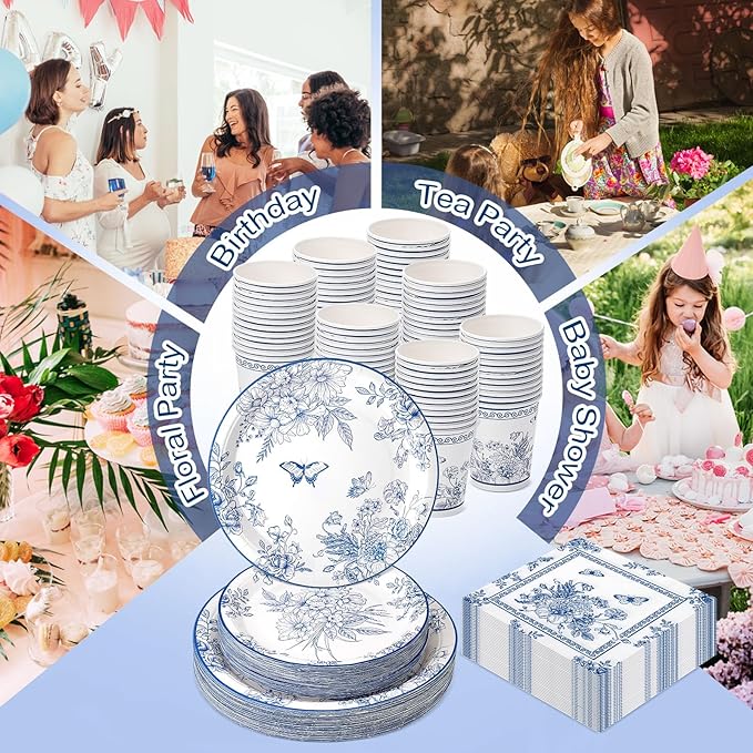350 Pcs Tea Party Supplies Spring Summer Blue Floral Party Tableware Set Disposable Plates Napkins Paper Cups Plastic Cutlery Set for Birthday Bridal Baby Shower Serves 50