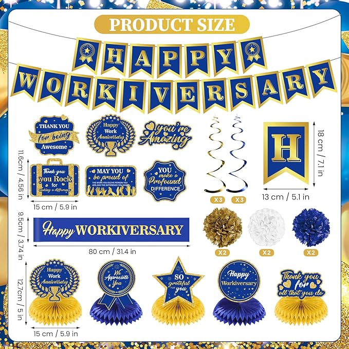 Happy Work Anniversary Decorations Blue Gold Happy Workiversary Banner Honeycomb Centerpieces Hanging Swirls Tissue Paper Pompoms Sash for Men Office Employee Worker Anniversary Appreciation Supplies
