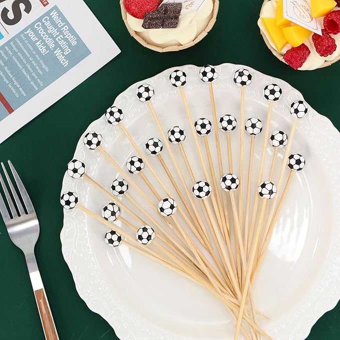 100 Pcs Soccer Toothpicks, 4.72 Inch Soccer Cocktail Picks for Appetizers, Long Bamboo Toothpicks, Decorative Toothpicks Skewers for Holiday Birthday Party Decorations (Soccer 3D)