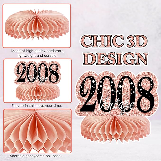 9Pcs Rose Gold Pink 18th Birthday Decorations Honeycomb Centerpieces for Girls,Happy 18th Birthday Centerpieces Tables Toppers Party Decorations Supplies,Vintage 2008 Aged Table Sign Decor