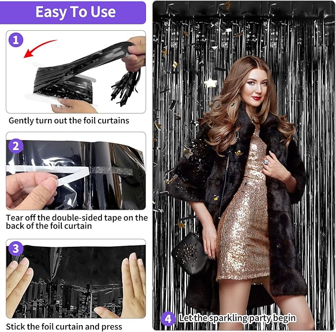 Black Fringe Backdrop Party Decorations 3.3 x 8.2 ft, 2 Pack Foil Fringe Curtains Door Streamers, Black Tinsel Backdrop for Birthday Halloween Twilight Bachelorette Decor