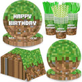 168pcs Pixel Plates Napkins Party Supplies Paper Cups Green Forks Disposable Birthday Tableware Set Party Decorations for Boys Kids Birthday Decor Serves 24