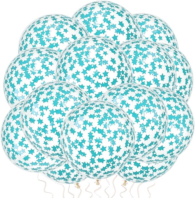 VHUWE 25 Pcs Teal Blue Star Confetti Balloons, 12 Inch Clear Latex Balloon with Confetti Inside for Birthday Party Baby Shower Graduation Engagement Bridal Shower Decorations Supplies -Teal Blue Star