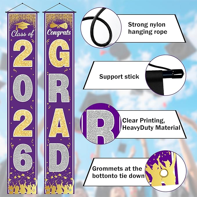 OHOME Graduation Decorations 2026 - Purple Gold Congrats Grad Porch Banner for Graduation Party Decorations - Class of 2026 - Party Favors Supplies Backdrop Yard Signs Decor (Purple)