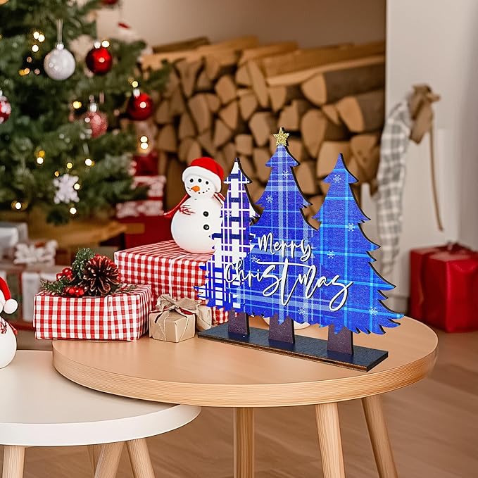 NEROSUN 5 PCS Christmas Table Centerpiece Decorations, Wooden Xmas Snowman Santa Claus Gnome Table Decorations Signs, Merry Christmas Table Toppers for Holiday Home Party Indoor Decor (Blue)