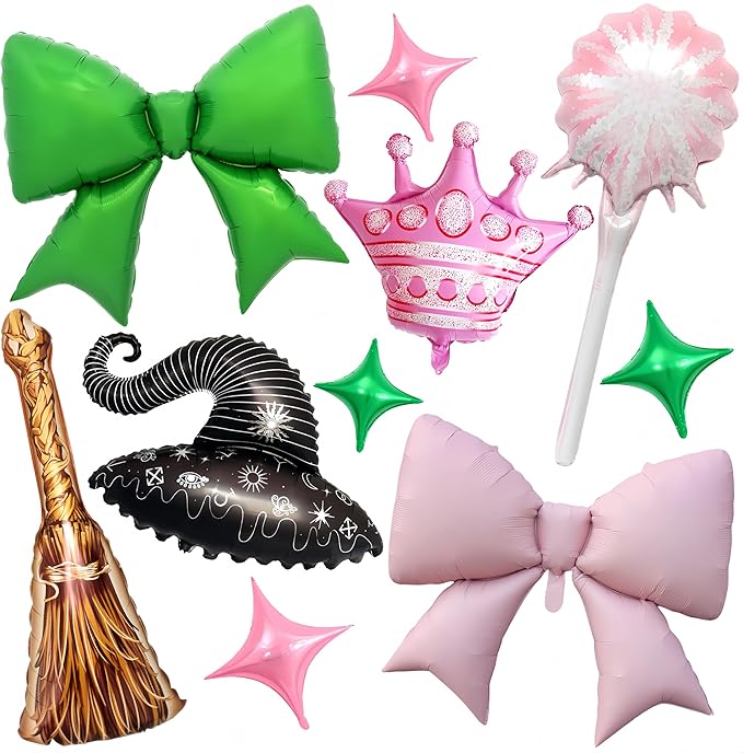 10Pcs Witch Party Party Balloons/Green Pink Bow Crown Sparklers Wizard Hat Broom Foil Balloons/Wick*ed Birthday Party Supplies/Magic Wizard Birthday, Enchanted Fantasy Magical Celebration