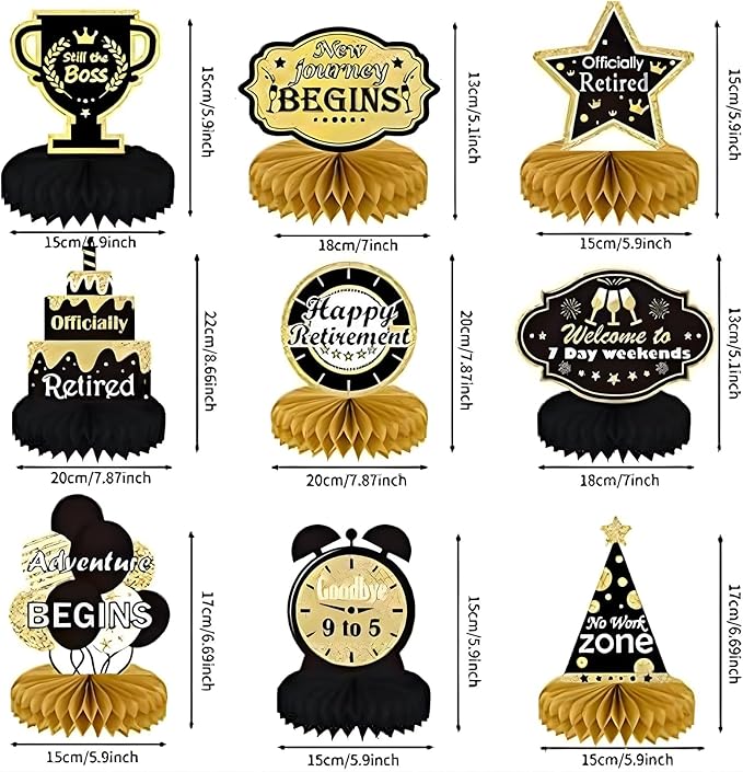 9PCS Retirement Party Decorations, KSKSPE Retirement Centerpieces for Table,Black and Gold Retirement Table Decorations, Retirement Decor for Retirement Party Retirement Party Supplies Men and Women