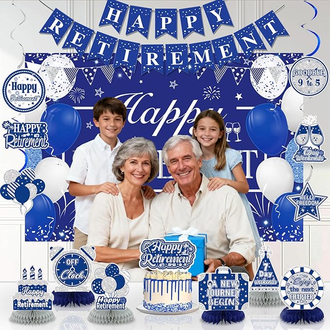 Retirement Party Decorations for Men Women Blue Silver Happy Retirement Banner Backdrop Honeycomb Centerpiece Cake Topper Hanging Swirl Set