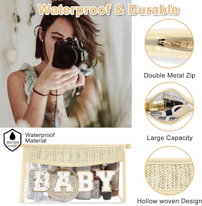 Cute Boho Patch Baby Bag Clear Makeup Letter Bag, Waterproof Zipper Make up Bags Toiletry Pouch for Women Girls, Clear Letter Patch Cosmetic Bags Transparent Organizer Pouch for Travel(Baby, Beige)