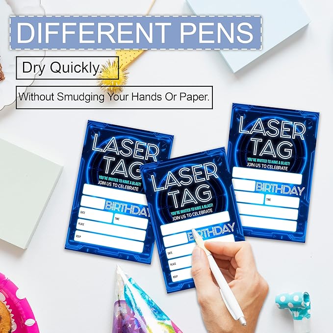 Laser Tag Birthday Party Invitations, Glow Neon Theme Invite Cards, 20 Count with Envelopes for Boys Girls Teen, 4 x 6 Double Sided Printed Fill In Blank Party Supplies- Blue