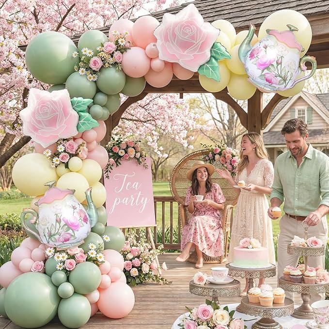 146Pcs Tea Party Balloon Garland Kit with Pink Green Yellow Teapot & Floral Balloons for Tea Party Baby Shower Decorations, Garden Party, Bridal Shower, High Tea, Let’s Partea Decor