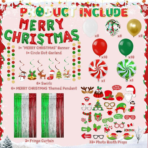 102 PCS Christmas Party Decorations Kits,Merry Christmas Foil Balloons,Xmas Photo Booth Prop, Red Green Latex Balloons,Hanging Swirl,Fringe Curtain for Xmas Decorations Indoor Home Decor