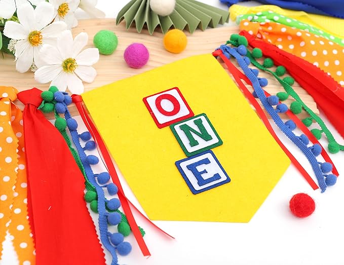 Letter Blocks One High Chair Banner - First Birthday Decorations, Nursery Rhyme Highchair Garland With Ribbon Fabric,1st Birthday Photo Props,Cake Smash Party Colorful Banner
