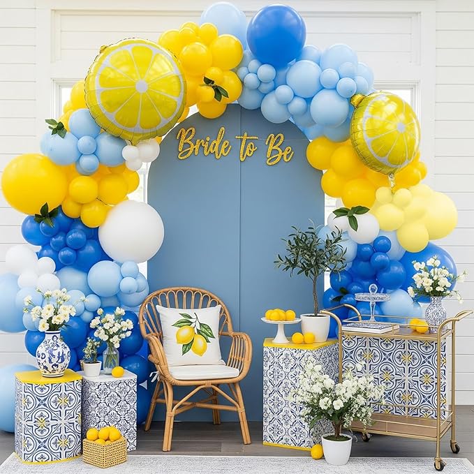 she found her main squeeze bridal shower with Royal Blue Yellow White Balloon Garland Arch Kit Lemon Foil Balloons for Summer amalfi last toast on the coast Bachelorette Bridal Shower Decorations