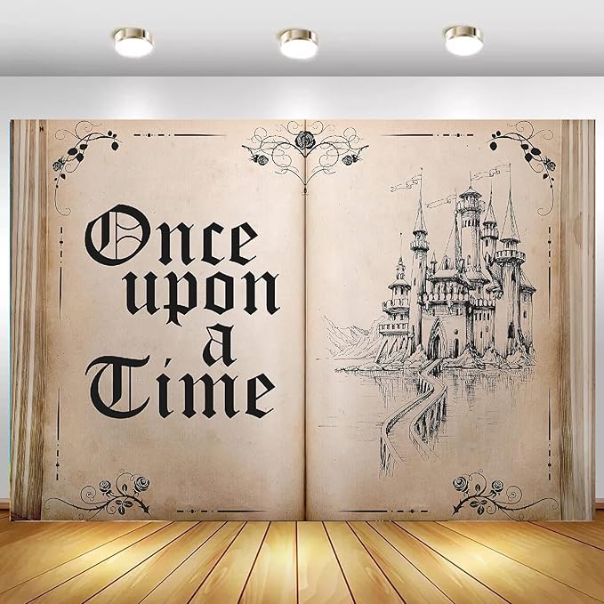 Fairy Tale Books Backdrop Once Upon a Time Backdrops Ancient Castle Princess Romantic Wedding Birthday Party Decorations Magic Book Background Banner Props 5x3FT