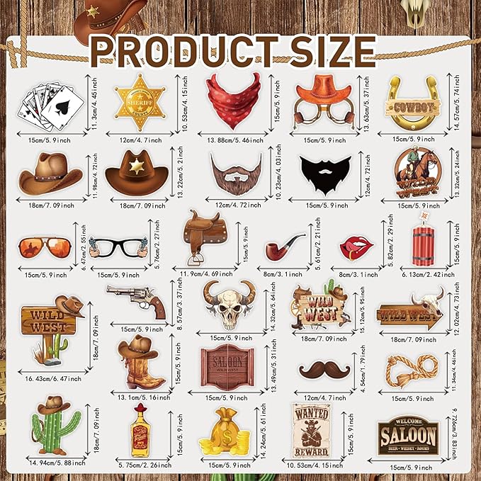 30 Pieces Western Cowboy Cowgirl Photo Booth Props Wild West Themed Party Decoration Rodeo Party Decorations with Wanted Sign for Country Party Bachelorette Rustic Party Supplies(Brown)