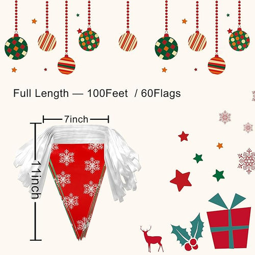 100 Feet Red Green Christmas Pennant Banner Flags String Triangle Bunting Garland with White Snowflakes for Christmas Tree Indoor Outdoor Shops Hanging Decoration,60 Pcs