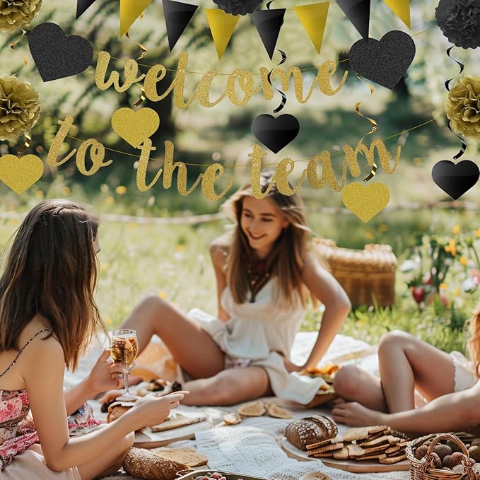 Welcome to The Team Banner Black Gold Glittery Welcome Banner for New Employee Team Member Coworker Staff Colleague New Teacher Welcome Party Banner Garland Decorations Welcome Banner for Office Party