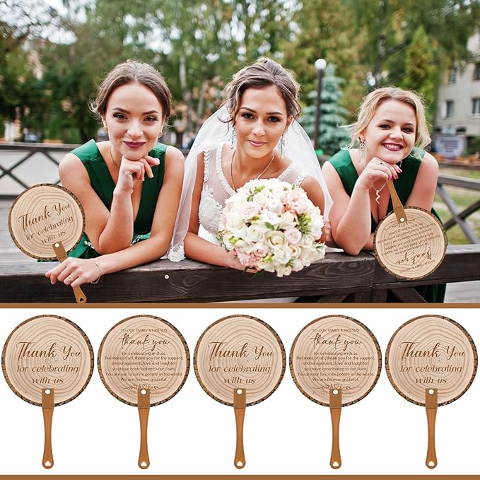 100 Pcs Wedding Hand Fans for Guests Bulk Decorative Plastic Handheld Wedding Favor Fans with Handle Thank You for Celebrating with Us for Ceremony Bridal Shower Party Decor (Tree Bark)