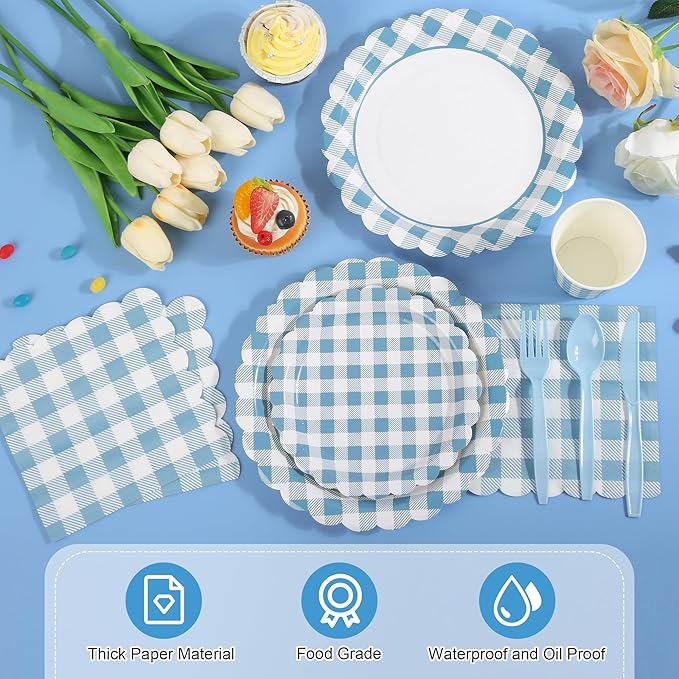 200 Pcs Light Blue Gingham Party Supplies Blue and White Scalloped Paper Plates and Napkins Cups Disposable Gingham Checkered Plaid Dessert Plates Tableware Set for Baby Shower Wedding BBQ