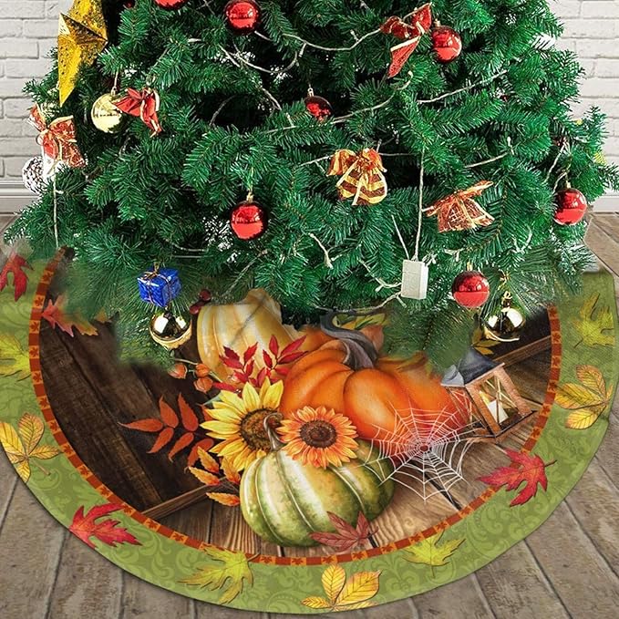 Fall Tree Skirt 48 inch, Thanksgiving Halloween Christmas Tree Skirts Ornaments Decorations, Pumpkin Maple Leaf Spider Web Design for Xmas Party Indoor Outdoor Decor