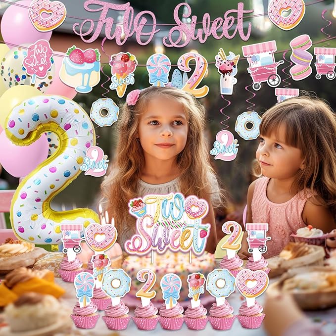 Two Sweet Birthday Decorations - 2nd Birthday Banner Donut Theme Party Kit for Two Years Old with Macaron Balloon Garland and Candy Theme Supplies
