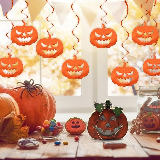 BEISHIDA Halloween Pumpkin Hanging Decorations - Orange Swirls, Horror Party Supplies for Pumpkin Theme Party Favors (15pcs)