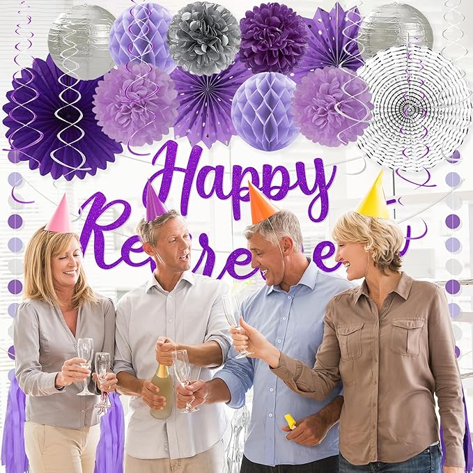Roetyce Retirement Party Decorations Women, Purlpe Glitter Happy Retirement Banner Paper Fans Pompoms Kit, Office Retired Party Supplies for Coworker Friends, Funny Legend Has Retired Photo Backdrop