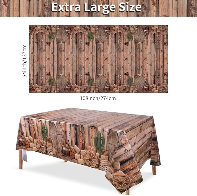3 Pack Western Party Tablecloths, 54 x 108 Inch Disposable Plastic Western Cowboy Table Cover for Rustic Farmhouse, West Wooden House, Western Theme Birthday Decorations Outdoor Indoor Party Supplies