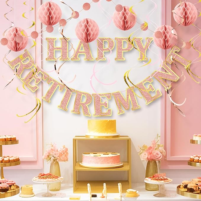 Retirement Party Decorations Kit for Women - 17-Piece Elegant Rose Gold Set with Pre-Strung Banner, Honeycomb Balls, Swirls & Garland | Instant Setup Party Decor | Retirement Gifts & Supplies