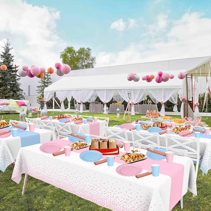 WNINK 6 Pack Pink and Blue Tablecloths, Gender Reveal Disposable Plastic Waterproof Table Cover for Boy or Girl Gender Reveal Party, Baby Shower, Birthday Party Decorations 54" x 108"