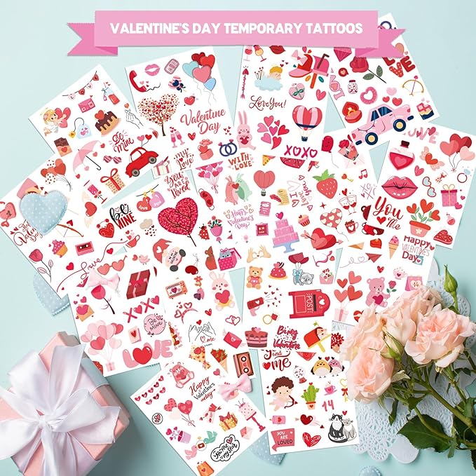 XZENTIRA 214 Pcs Valentines Themed Temporary Tattoos Valentine Decorations Party Favors Teddy Bear Envelope Valentine Party Supplies Accessories Gift Idea for Couple Stickers Décor Kids Teens Adult