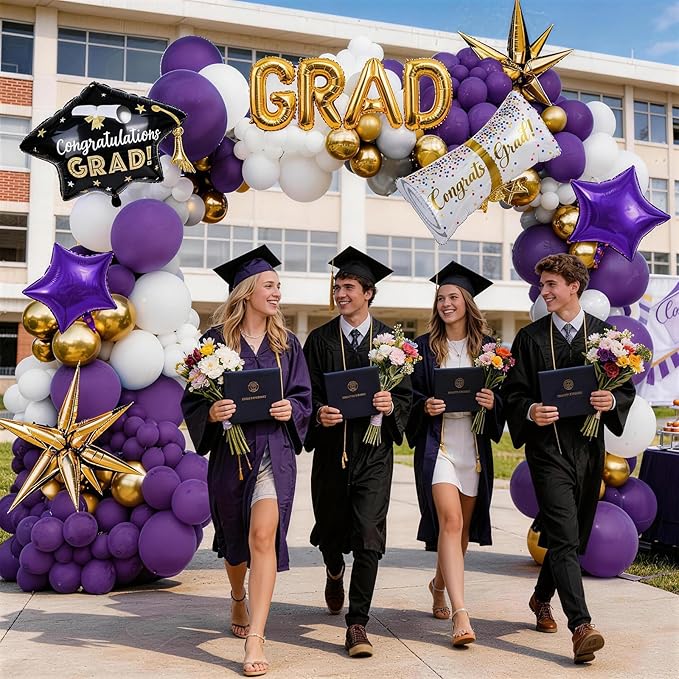 Purple Graduation Balloons Garland Arch Kit, 115 PCS Purple Gold White Graduation Star Print Certificate Grad Foil Balloons with Gold Explosion Star Balloon for Graduate Class of 2026 Prom Party Decor
