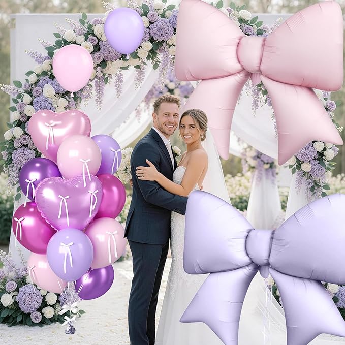 16Pcs Pink and Purple Heart Balloons, 38 Inch Bow Balloons, Metallic Pink Purple Latex Balloon Foil Balloon with Bow Ribbons for Girls Women Birthday Wedding Bridal Baby Shower Valentines Decorations