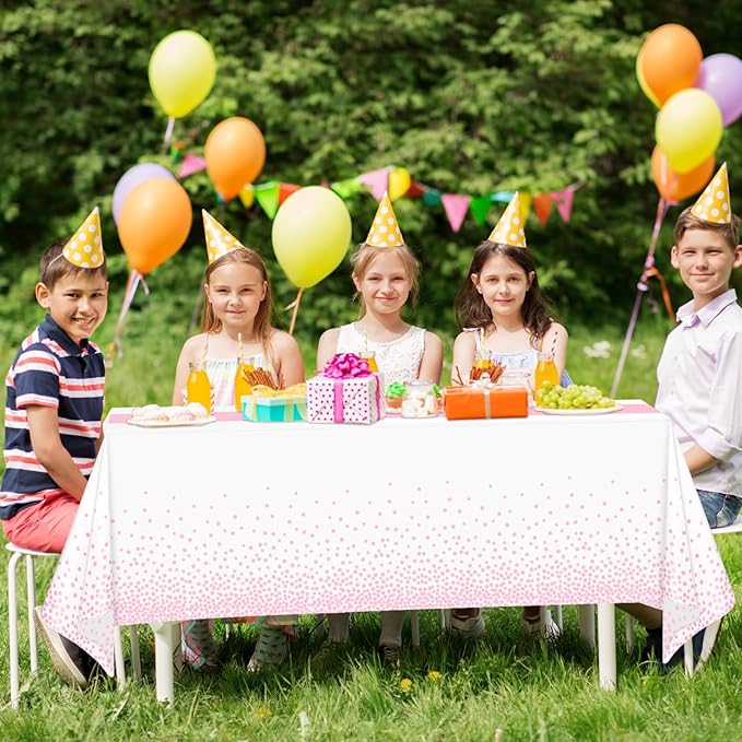 WNINK 2 Pack White and Light Pink Tablecloths, Light Pink Disposable Plastic Waterproof Table Cover, 54" x 108", for Birthday, Baby Shower，Wedding, Bridal Shower, Picnic Camping Parties