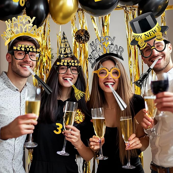 2026 New Years Eve Party Supplies, 36 Pcs Happy New Year Party Supplies Kit Serve 12, Including 6 Top Hats 3 Cone Hats 3 Tiara 12 Glasses 12 Noise Makers Black Gold Silver NYE Decoration Party Favors