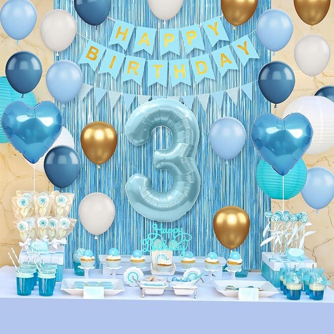 3rd Birthday Decorations Blue White Gold,3rd Birthday Balloons with Happy Birthday Banner Fringe Curtain Heart Foil Balloons for Boys Girls 3 Year Old Birthday Decor