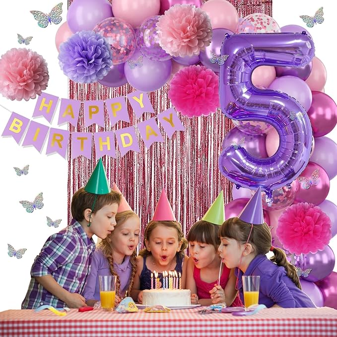Pink Purple 5th Birthday Party Decorations for Girls Number 5 Balloon Happy Birthday Banner Butterfly Stickers Fringe Curtain Paper Pom Poms Metallic Hot Pink Star Foil Balloons 5 Year Old Princess