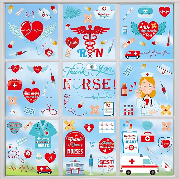 82 PCS Nurses Week Decorations, 9 Sheets Nurses Week Window Clings with Hearts, Thank You Nurse Appreciation Week Decor, Double-Sided Nursing Stickers for Windows Stores Offices Parties