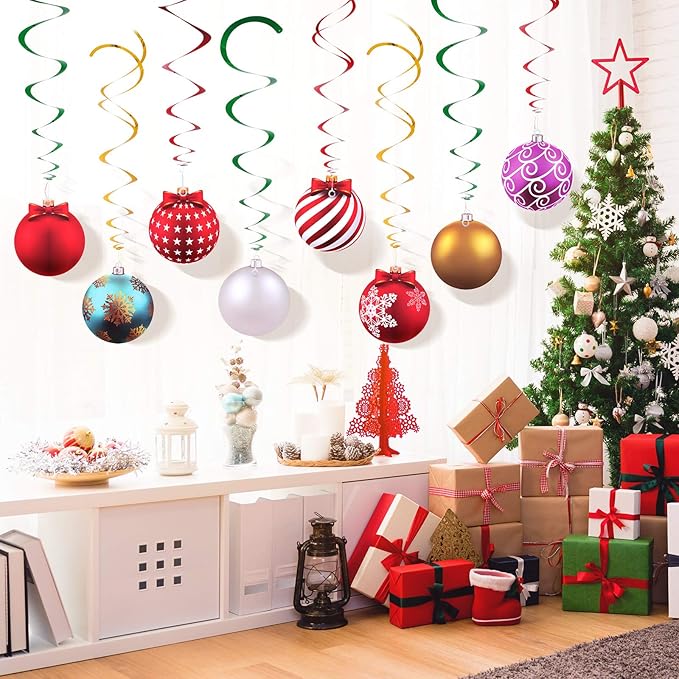 Skylety 36 Pcs Christmas Hanging Foil Swirl Decorations Party Ceiling Foil Swirl Decorations Christmas Ball Sign Snowflake for Ceiling Indoor Outdoor Holiday Party Supplies(Delicate Style)