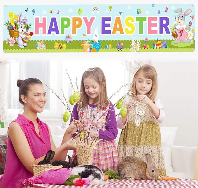 Happy Easter Banners Easter Banners for Outside Garden, Large Long Spring Bunny Banner Egg Hunt Decorations Butterfly Flower for Indoor Easters Theme Party Rustic Lawn Sign