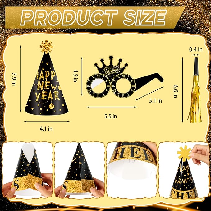 Openfly 24Pcs New Years Eve Party Supplies 2026 Happy New Years Party Headband Hats New Year Glasses New Year Noise Makers